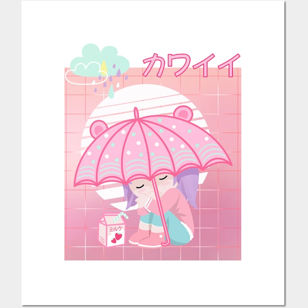 90s Japanese Kawaii Sad Girl Pink Japanese Strawberry Milk Wall Art by gogo-jr